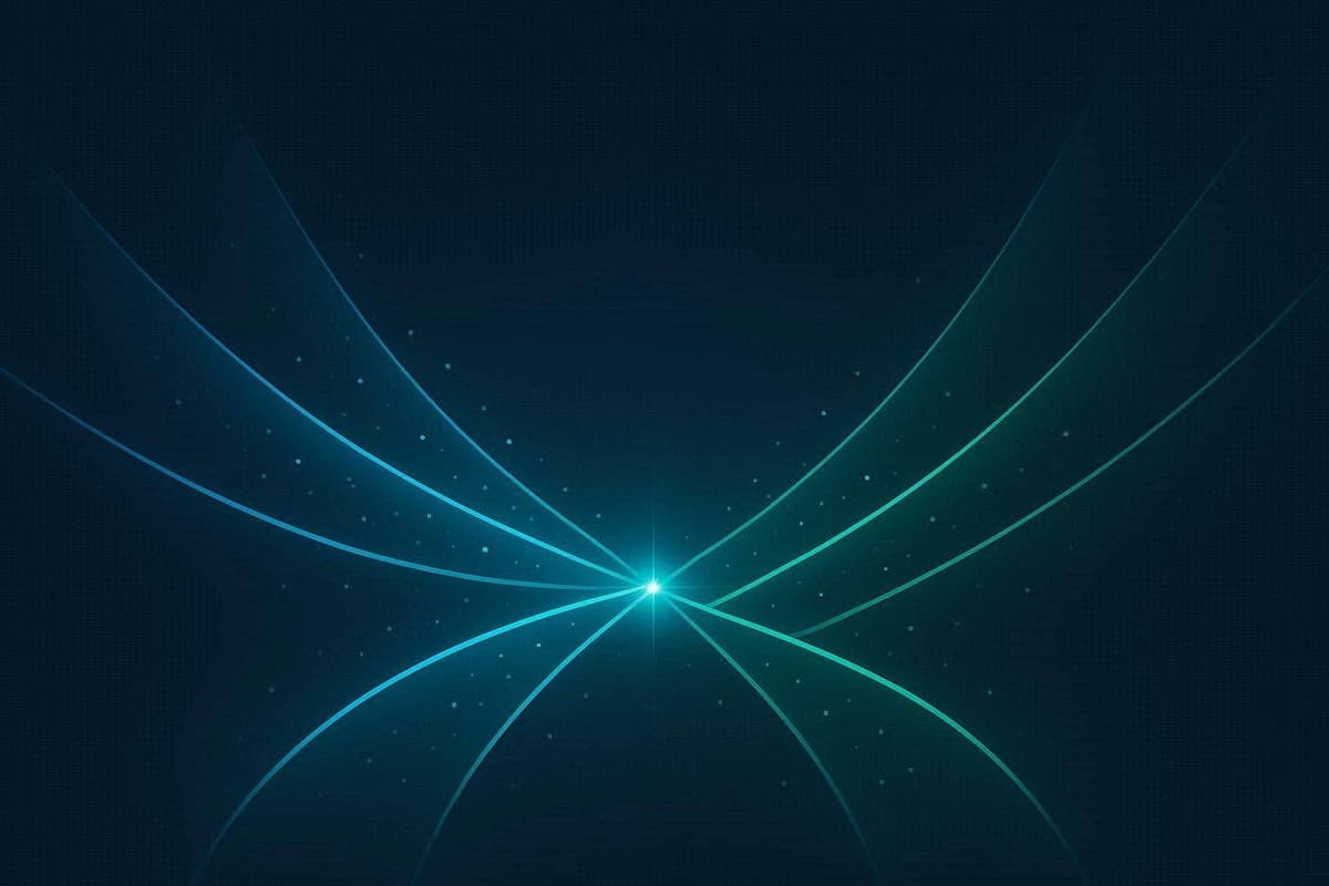 Illustration abstraite lumineuse de quatre trajectoires convergentes cyan et vert symbolisant le choix entre plusieurs outils IA.