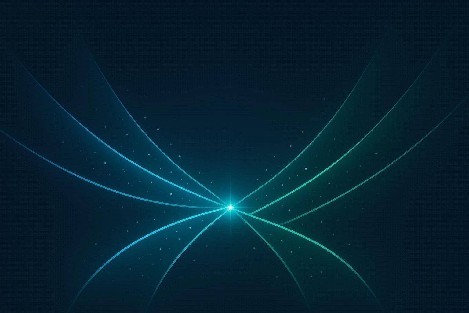 Illustration abstraite lumineuse de quatre trajectoires convergentes cyan et vert symbolisant le choix entre plusieurs outils IA.