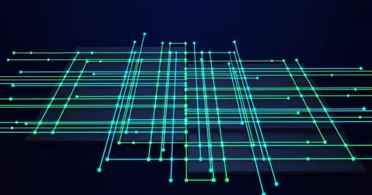 Illustration abstraite d'une grille structurée cyan et verte symbolisant la mise en conformité de la facturation électronique